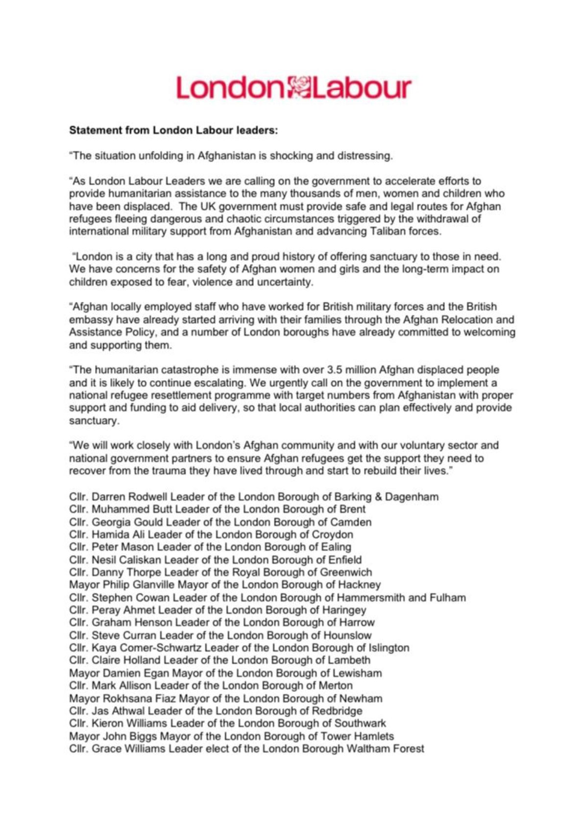 Statement signed by council leaders across London